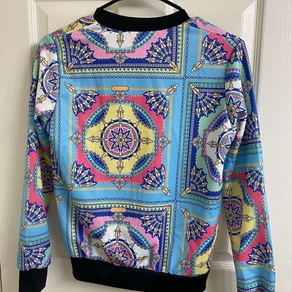 💼Light Wear Summer Bomber Jacket, Paisley Chain Print, Zip Front - Picture 9 of 13